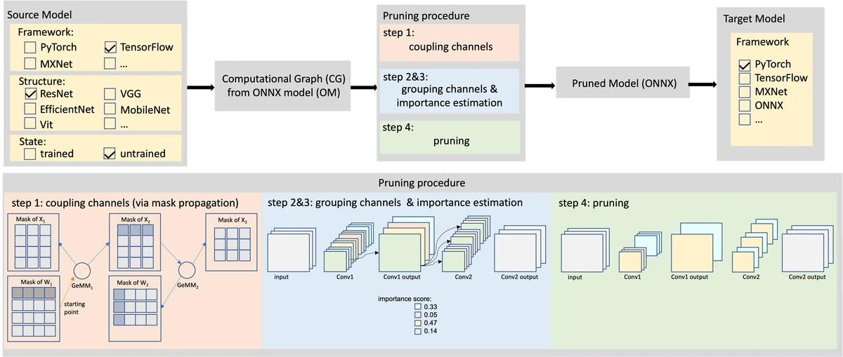 System overview of Structurally Prune Anything, from model conversion to structural pruning.
